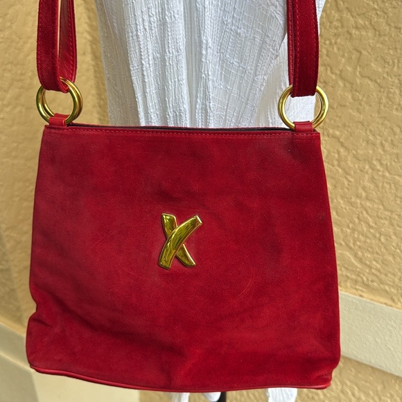 Paloma Picasso Red Suede Handbag Double Shoulder Strap Versatile - Picture 6 of 11